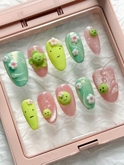 10 piezas de pegatinas de uñas con forma de almendra hechas a mano, adecuadas para primavera y verano, con diseño de ojos de gato lindos, flores 3D, pintura, decoración de líneas, adecuadas para el uso diario de niñas y mujeres, vacaciones, decoración de uñas para fiestas, incluye pegamento de gelatina y lima de uñas