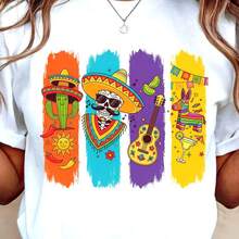 Cute Vintage Skeleton Cinco De Mayo Tee, Everyday Tee For Celebrations. 220g Cotton Essential Unisex Tee, 220g Of Unique Softness. Designed To Fit Everyone, Men And Women Alike. Durable, High-Quality Fabric, Ready For Any Cut, Delicate To The Touch But Built To Last. Lightweight Tops For Women, Fall Outfits, Vacation Wear, New Year's Costumes For Her. - 白色 - 查看 1