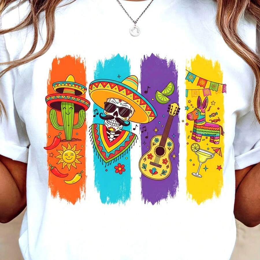 Cute Vintage Skeleton Cinco De Mayo Tee, Everyday Tee For Celebrations. 220g Cotton Essential Unisex Tee, 220g Of Unique Softness. Designed To Fit Everyone, Men And Women Alike. Durable, High-Quality Fabric, Ready For Any Cut, Delicate To The Touch But Built To Last. Lightweight Tops For Women, Fall Outfits, Vacation Wear, New Year's Costumes For Her. - 白色 - 查看 1