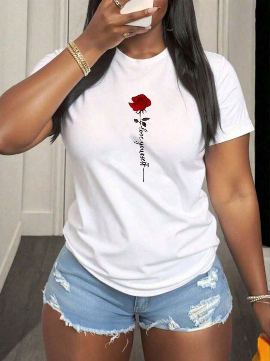 Camiseta de manga corta personalizada de poliéster, casual y cómoda, decorada con un patrón de rosas rojas, adecuada para fiestas, para regalar a amigos, ligera y duradera, ideal para usar en casa, en restaurantes o al aire libre. Blusas Bonito 100% Algodón - Blanco - Ver 1