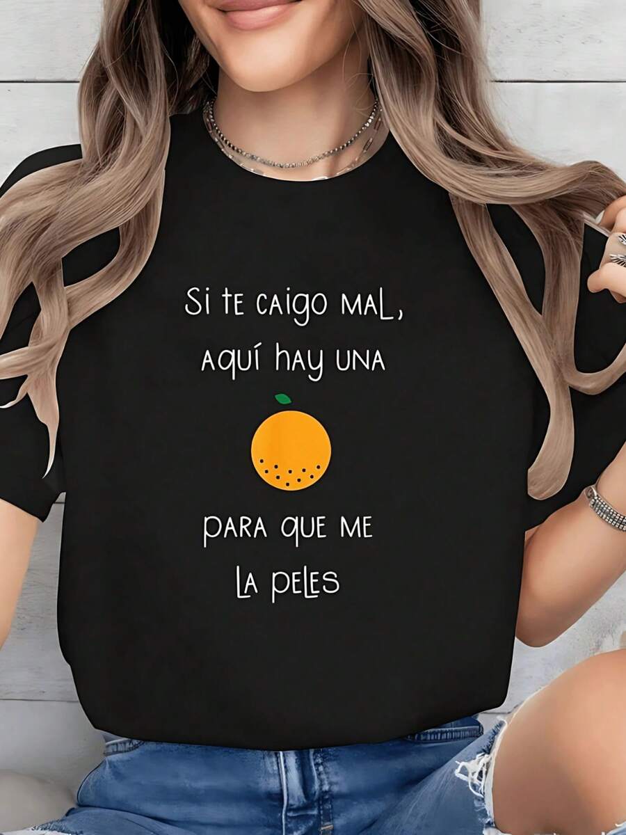 Camiseta gráfica divertida para mujer con frase en español y estampado naranja. suave y transpirable. Top informal de manga corta para uso diario y ocasiones divertidas. QMOB - Negro - Ver 1