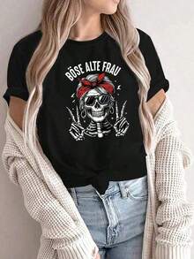 Short-Sleeved T-Shirt With Round Neck And Skeleton Print, Comfortable For Spring/Summer - Black - View 3