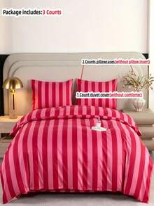 3pieces Simple Style Orange Stipe Bedding And Duvet Set Duvet Cover Queen Size -Super Soft Polyester Duvet Covers Collection - Lightweight, Duvet Cover - Soft Breathable Bedding (Queen, Orange) - Hot Pink - View 19