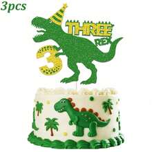 1 pièce/3 pièces Décoration de gâteau d'anniversaire en forme d'œuf de dinosaure, dinosaure vert et or pailleté - Multicolore - Voir 11