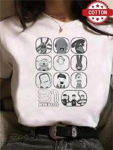 1pc blusas de mujer blusas bonitas para mujeres ropa de mujer conjuntos para mujer Imagen 31 Minutos camiseta 180g negro y blanco patrón estampado de personajes animados impresión de algodón de alta calidad cuello redondo corte básico holgado hombres y mujeres transpirable versátil lavable a máquina cómoda talla S ~ 3XL diario casual deportivo imprescindible para el veranoblusas para mujer - Blanco - Ver 4