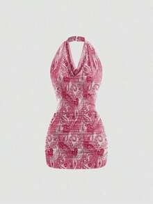 Vestido mini ajustado y sexy sin mangas con cuello drapeado y espalda descubierta con lazo - Rosa - Ver 6