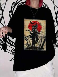 2026 New Cotton-shirtCamiseta de mujer de manga corta y cuello redondo con estampado gráfico, casual y holgada, versátil y de uso diario en color negroLightweight Cotton - Negro - Ver 3