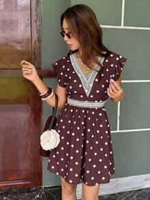 Vestido de verano con cintura fruncida y mangas de mariposa para mujer con cuello en V y estilo elegante - Marrón - Ver 7