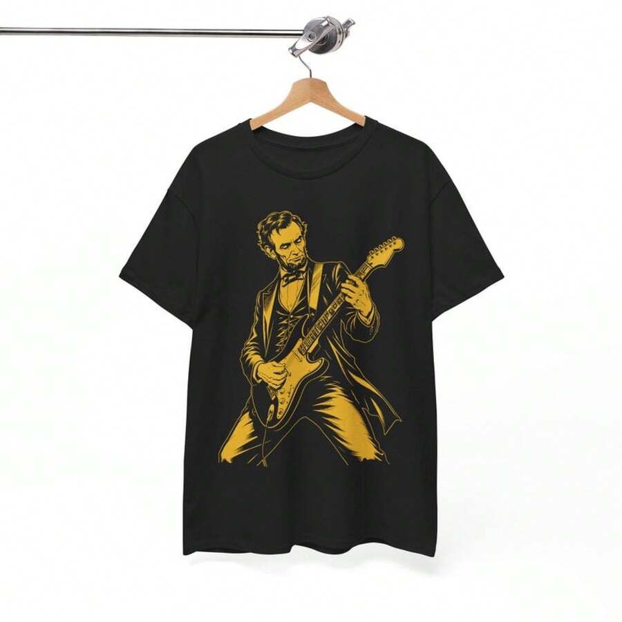 Unisex T-Shirt Made Of Pure Cotton, Abraham Abe Playing Guitar Vintage Retro Funny Meme T-Shirt, Summer T-Shirt, Summer Clothes Women, Men's Summer Outfit, Women's Shirt, Creative Design, Outdoor Play, Cool Style, Fun Design, Great For Outdoor Play, Creative Design, Outdoor Play, Cool Style, Fun Design, Great For Outdoor Play - Black - View 1