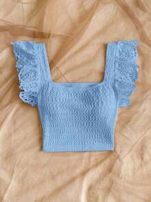 Elegante top corto de mujer de punto con plisados, adornos de encaje floral y diseño ideal para vacaciones - Azul - Ver 5