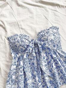 Parte superior de bandeau con volantes, tipo línea A, con lazo en la cintura, para vacaciones informales - Azul y blanco - Ver 5