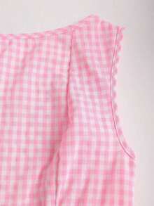 Vestido casual de mujer con cuello de barco, sin mangas, con estampado de cuadros, espalda descubierta, contraste de color, lazo en la cintura y silueta evasé, para primavera/verano - Rosa - Ver 4