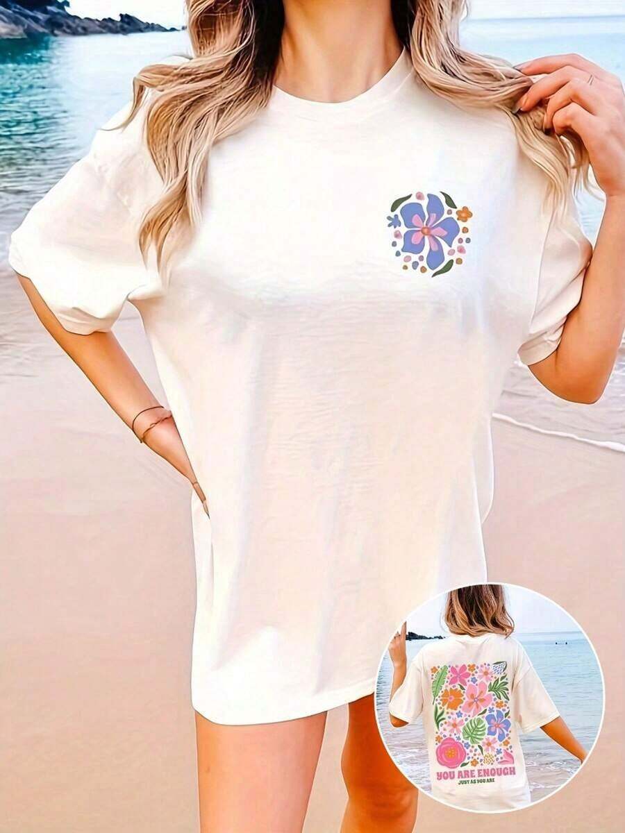 001 Camiseta de Mujer Talla Grande con Estampado Floral y Frases Inspiradoras, Hombros Descubiertos - Suave y Transpirable, 100% Algodón, Camiseta Holgada de Manga Corta, Lavable a Máquina, Adecuada para Primavera, Verano y Otoño - Estilo Vintage Urbano, Unisex, Camiseta Holgada de Algodón con Cuello Redondo y Manga Corta, Transpirable y Cómoda - Blanco - Ver 1