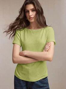 llegado de primavera/verano Camiseta de cuello barco en marfil, diseño de ribete en contraste negro, tejido texturizado, lazo de cintura ajustable, versátil para oficina, viajes, negocios, eventos sociales, formales, Día de la Madre, fiestas - Verde - Ver 6