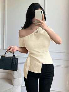Blusa casual elegante de hombros con nudo, de corte slim para mujeres - Albaricoque - Ver 4