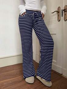 Pantalones deportivos de mujer de tiro bajo a rayas con cordón para la cintura, pantalones anchos de yoga/para el hogar, otoño/invierno - Azul y blanco - Ver 3