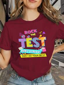Camiseta de mujer cómoda y elegante "Examen Sin Estrés, ¡A Dividirlo!" con estampado de profesor para el día del examen, ideal para conjuntos de amistad. Camiseta de mujer de cuello redondo, holgada, casual, a la moda, versátil, cómoda y agradable para la piel, con estampado personalizado para conjuntos de amistad. - Rojo - Ver 6