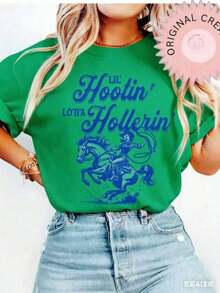 Oversized Short Sleeve T-Shirt With Vintage Cowboy Graphics, Retro Style, Washed © Cowboy T-Shirt, Western Style T-Shirt, Gift For Country Girl, 100% Cotton, Oversized Short Sleeve T-Shirt, Classic, Thick Cotton, With Graphic Print, Casual Short Sleeve T-Shirt For Women, New Stylish T-Shirt, 100% Cotton. - 綠色 - 查看 7