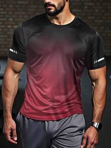 1pc Men's Ombre Color Breathable Elastic Sports Short Sleeve T-Shirt, Suitable For Running, Training, Fitness In Spring/Summer - Red - View 5