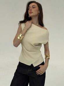 Blusa de oficina para mujer con cuello de barco, mangas cortas y corte cropped en color beige - Albaricoque - Ver 8