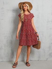 Vestido midi azul de manga corta y manga murciélago con estampado floral para mujer, vestidos de verano para mujeres - Óxido marrón - Ver 5