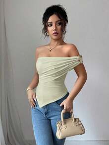 Blusa de verano para mujer con hombros decorados con botones y bajo asimétrico elegante - verde menta - Ver 4