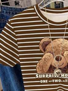 Camiseta casual de mujer con estampado de oso a rayas, verano - Café integral - Ver 4