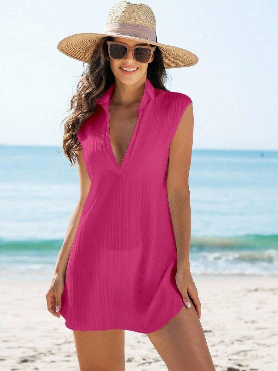 Swim Vcay Cubierta sólida de color para mujer con escote en V profundo para bodas - Rosa Fucsia - Ver 1