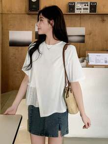 Camiseta casual de mujer para el verano con cuello redondo, manga corta, ajuste holgado y dobladillo con volantes y un solo unicolor - Blanco 2 - Ver 4