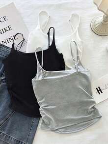 Set de 3 piezas de camisolas casuales plisadas de unicolor para mujer - Gris - Ver 2