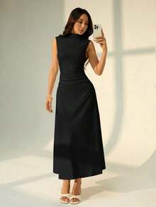 Vestido maxi de línea A con cuello mao, sin mangas, fruncido, color blanco, nuevo para el Día de San Valentín.Elegante y romántico atuendo para citas y trabajo, vestidos de verano para mujer - Negro - Ver 4