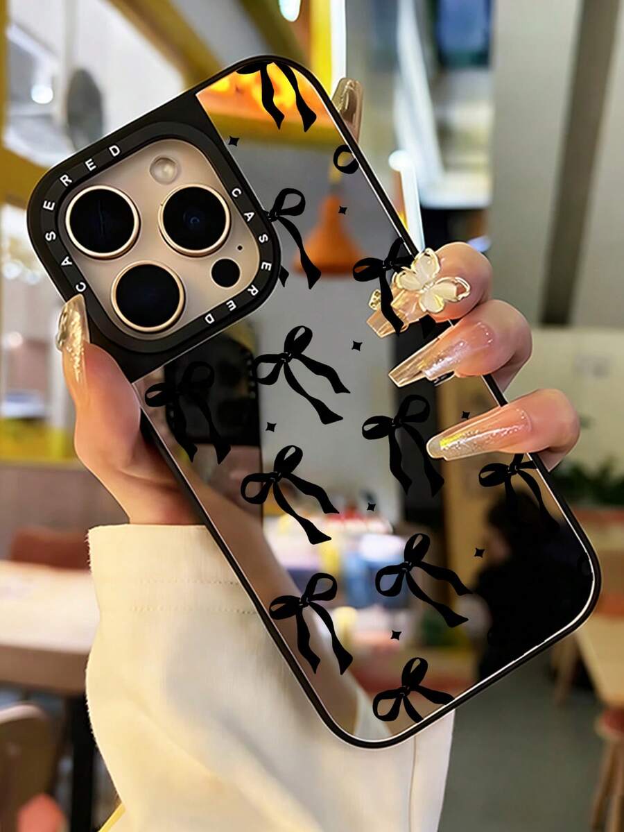 Cute Black Mirror Element Fashion Shockproof Bow Heart Pattern Mirror Protective Phone Case, Suitable For IPhone 13/11/17/17 Pro/16/14/15/15 Pro/15 Plus/15 Pro Max/X/Xs Max/Xr/11 Pro/12 Pro/13 Pro/14 Pro/11 Pro Max/12 Pro Max/13 Pro Max/14 Pro Max/14 Plus/17 Pro Max/17 Air, Spring Gift - Multicolor - View 1