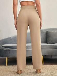 Pantalones rectos casuales lisos para mujer, para uso diario en otoño/invierno - Caqui - Ver 2