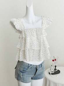 Blusa de mujer con patrón de cuadros arrugados, lunares negros, diseño suelto de mangas con volantes - Blanco - Ver 5