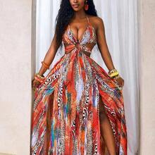 BamGlam Women's Zebra Print Color Block Hollow Out Tie-Up Dress, Suitable For Dates And Parties - Multicolor - Ver 2