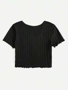 Top tejido de canalé con botón delantero de borde en forma de lechuga - Negro - Ver 2