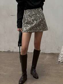 Falda vaquera casual con botones delanteros y bolsillos con estampado de leopardo - Marrón - Ver 3
