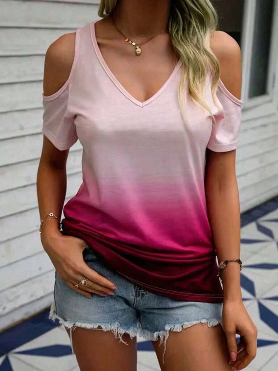 Blusa de manga corta con hombros descubiertos, diseño de cuello en forma de corazón, estampado de rayas y parches de unicolor, apropiada para primavera/verano, uso casual y laboral - Rojo - Ver 1