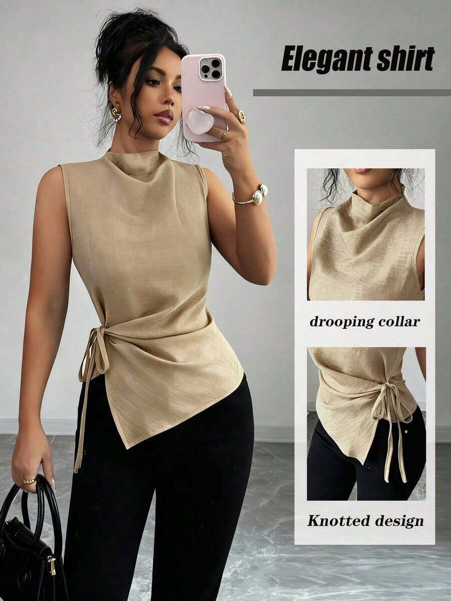 Camisa sin mangas elegante para mujer con tela de aspecto de mezclilla, cuello alto, cintura fruncida, bajo asimétrico, color azul elegante para uso casual diario, primavera/verano - Albaricoque - Ver 1