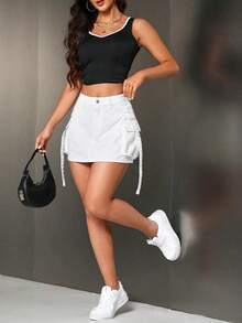 Falda de mezclilla de unicolor de moda para mujer - Blanco - Ver 5