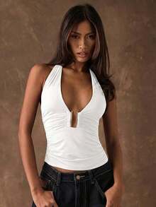 Blusa de mujer con escote halter y espalda descubierta con estampado de leopardo, adecuada para vacaciones de verano y fiestas - Blanco - Ver 8