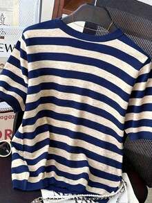 Camiseta de manga corta de cuello redondo a rayas para mujer, de uso versátil y casual para uso diario - Multicolor 6 - Ver 2