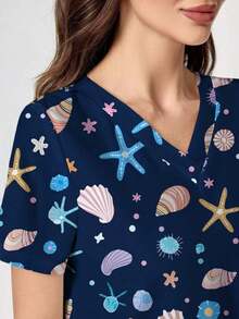 PopScrub Conjunto de 2 piezas con diseño de bolsillo con oreja, estampado de gato y planta de dibujos animados, de cuello en V y manga corta, uniforme de enfermera de primavera/verano, pantalón casual de color azul claro, conjunto de uniforme de enfermera, adecuado para amantes de los gatos - Multicolor 7 - Ver 4