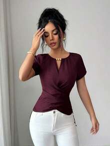 Blusa de manga corta con cuello redondo, estilo envolvente, elegante y casual, con cinturón y cuentas, adecuada para ir al trabajo, citas, y uso durante todo el año en primavera/verano.Blusa elegante para damas, apropiada para fiestas, citas, oficina, negocios, vida diaria en primavera/verano, temporada de graduación, Día del Maestro, vuelta al colegio, Acción de Gracias.Blusa de manga corta para uso diario, de unicolor con cuentas. - Morado - Ver 5