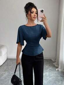 Camisa casual de mujer con ribete de contraste en la cintura y manga corta, para verano - Azul marino - Ver 7