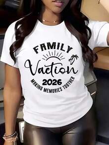 Camiseta de mujer de cuello redondo Vacaciones familiares 2026 Haciendo recuerdos juntos Estampado gráfico de palmera ol Atuendo de verano para vies - Blanco - Ver 2