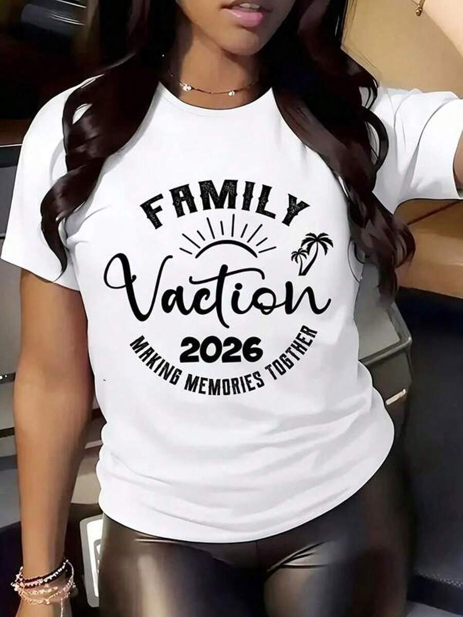 Camiseta de mujer de cuello redondo Vacaciones familiares 2026 Haciendo recuerdos juntos Estampado gráfico de palmera ol Atuendo de verano para vies