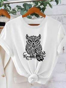 Women's Gothic Owl Print Short Sleeve T-Shirt - Casual Round Neck Blouse Suitable For Summer And All Year Round, S-XXL (Black) - Machine Washable Blouse - 白色 - 查看 1