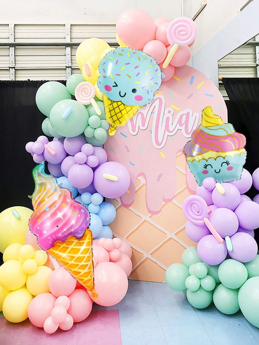 139pcs Candy Ice Cream Theme Balloon Set, For Birthday Party, Summer Party Decoration, Ice Cream Party Decoration, Macaron Theme Balloon Decoration, Dessert Party Decoration Balloons, Princess Theme Birthday, Girls Birthday - Multicolor - View 1