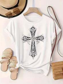 Women's Casual Short Sleeve T-Shirt - Black And White Ornamental Cross Design On White T-Shirt, Round Neck, Summer Top, Machine Washable, Ladies' T-Shirts, Casual Wear, Modern Style, Comfortable Fit

Black - 白色 - 查看 2